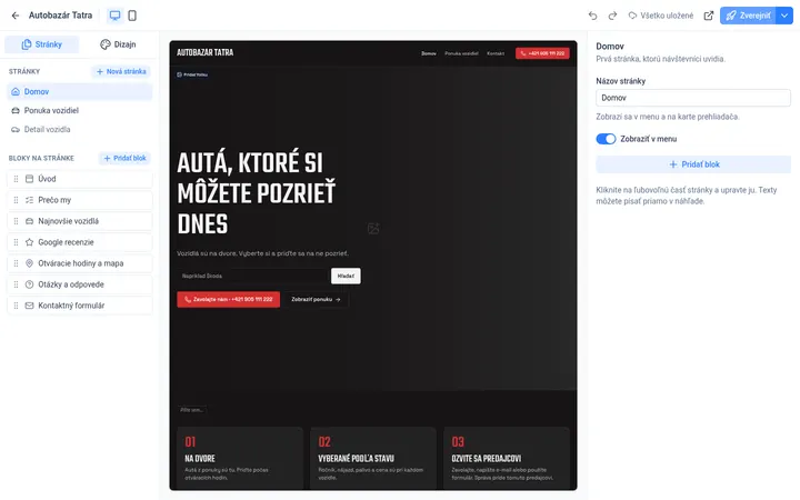 Editor NodeCar s náhľadom stránky